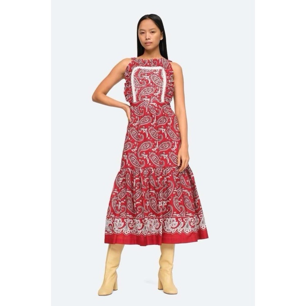Sea New York Red and White Paisley Ruffle Maxi Dress